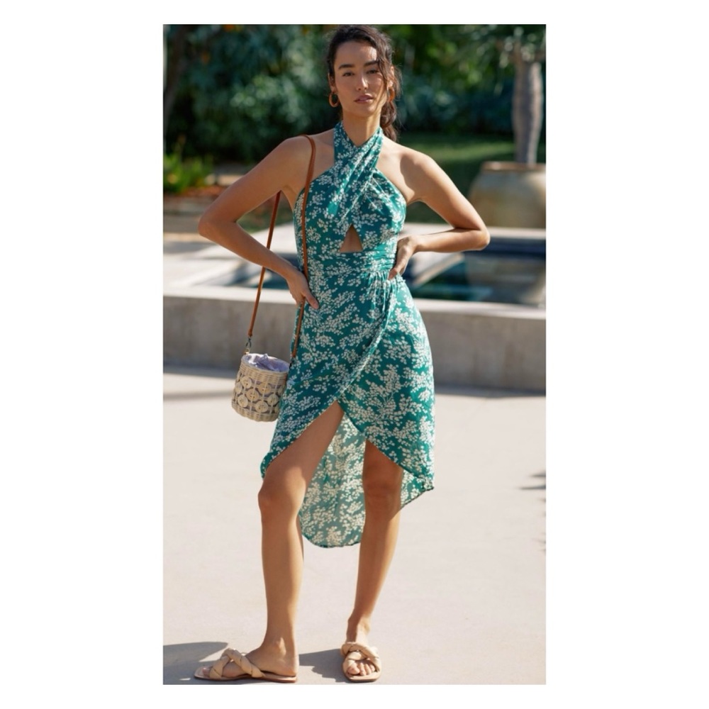 NWT Anthropologie Printed Halter Dress in Green & White  Size Small